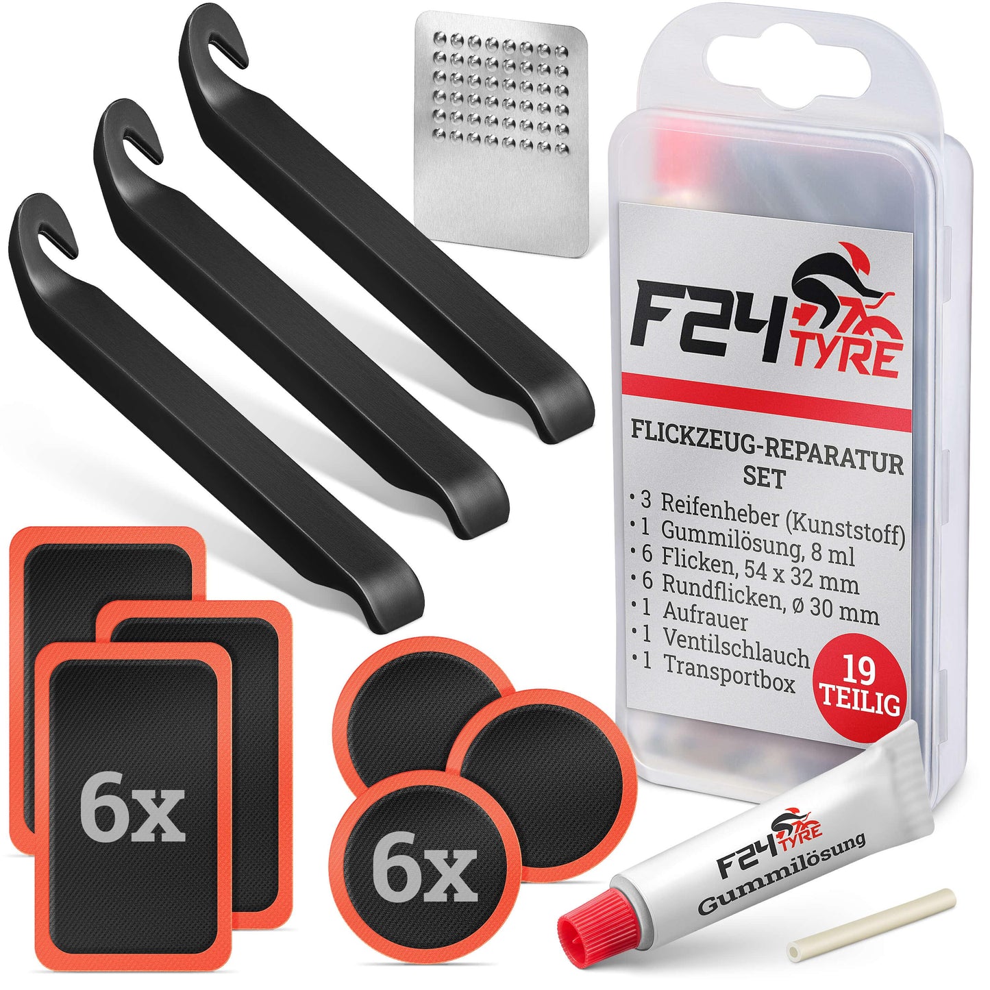 F24Tyre XXL Fahrradreifen Reparatursatz Komplett Flickzeug 19-teilig Flickset - FahrradReifenExpress.de