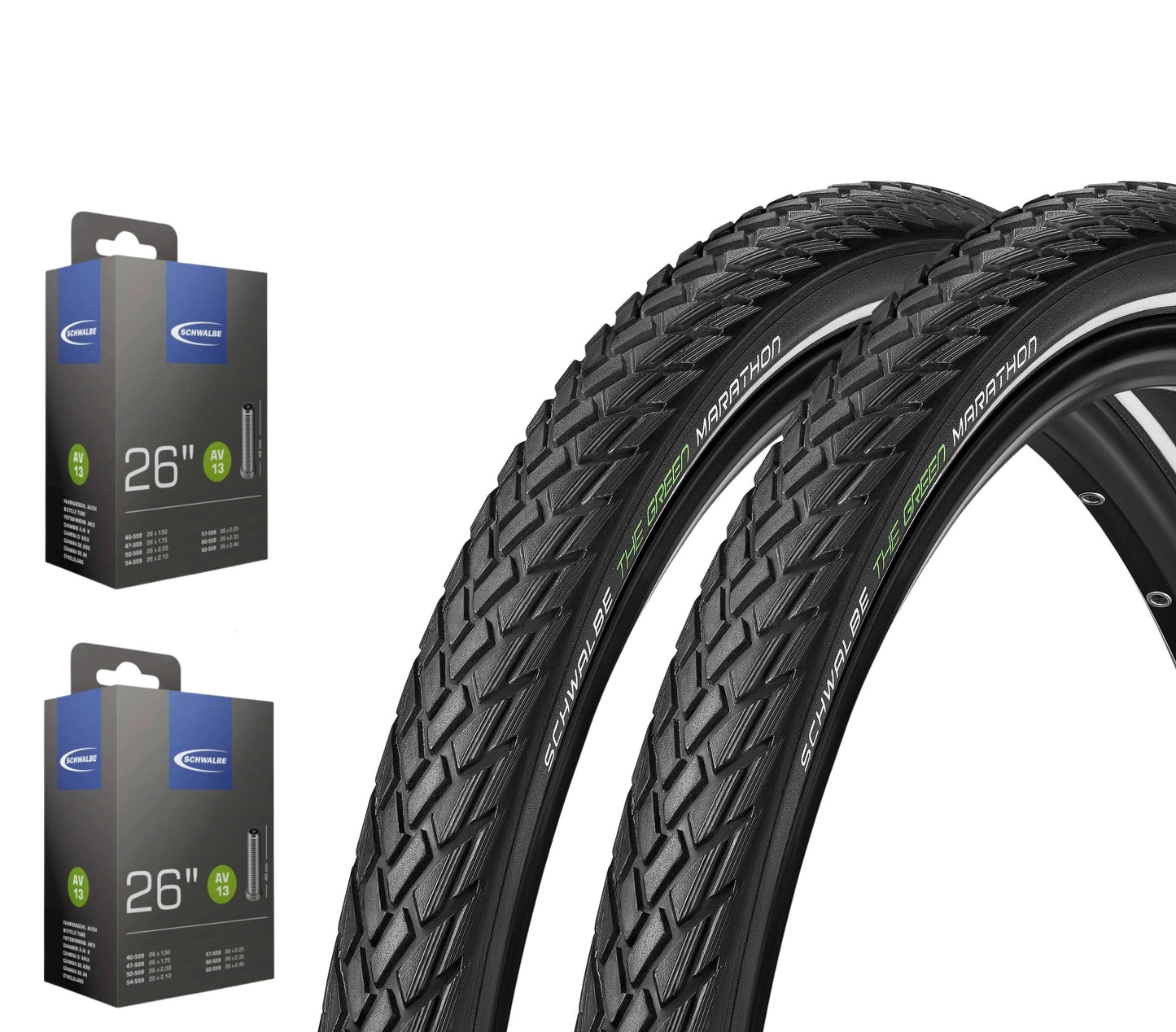 2x Schwalbe Green Marathon im SET 26 - 28 Zoll inkl. 2x Schwalbe Schlauch GreenGuard Reflex