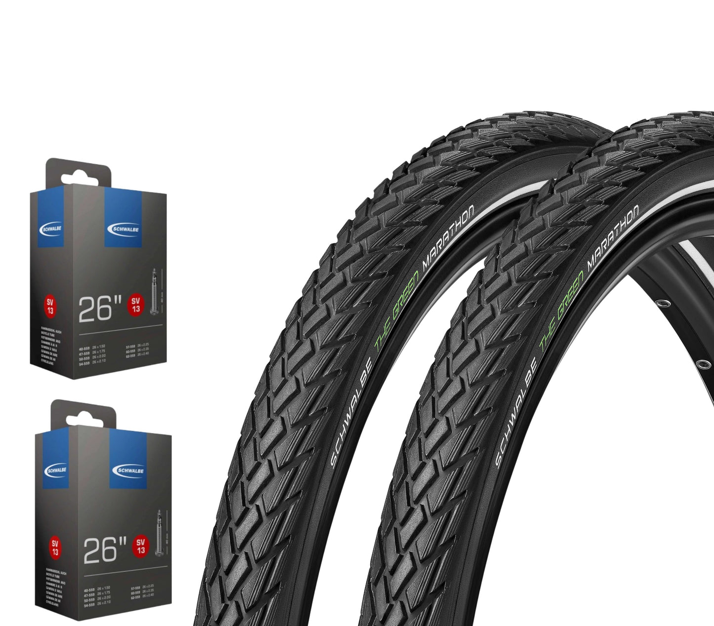 2x Schwalbe Green Marathon im SET 26 - 28 Zoll inkl. 2x Schwalbe Schlauch GreenGuard Reflex